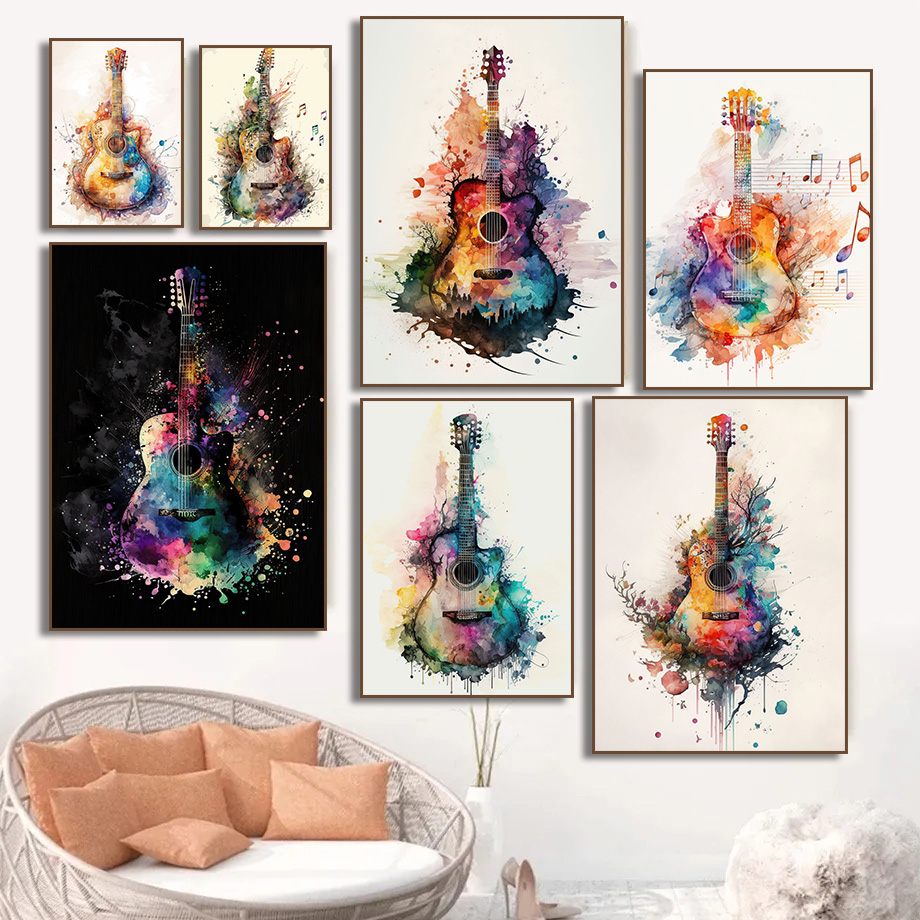 Picture Of Musical Instrument - 家の装飾、楽器、ギター、キャンバス絵画、壁画、写真、子供部屋のための水彩アートポスター